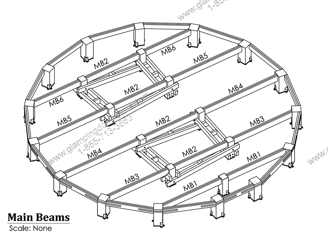 A labeled 3D illustration of a circular timber deck framework for a geodesic dome, featuring main beams (MB1–MB8) professionally designed by a licensed engineer at Glamping Dome Store.