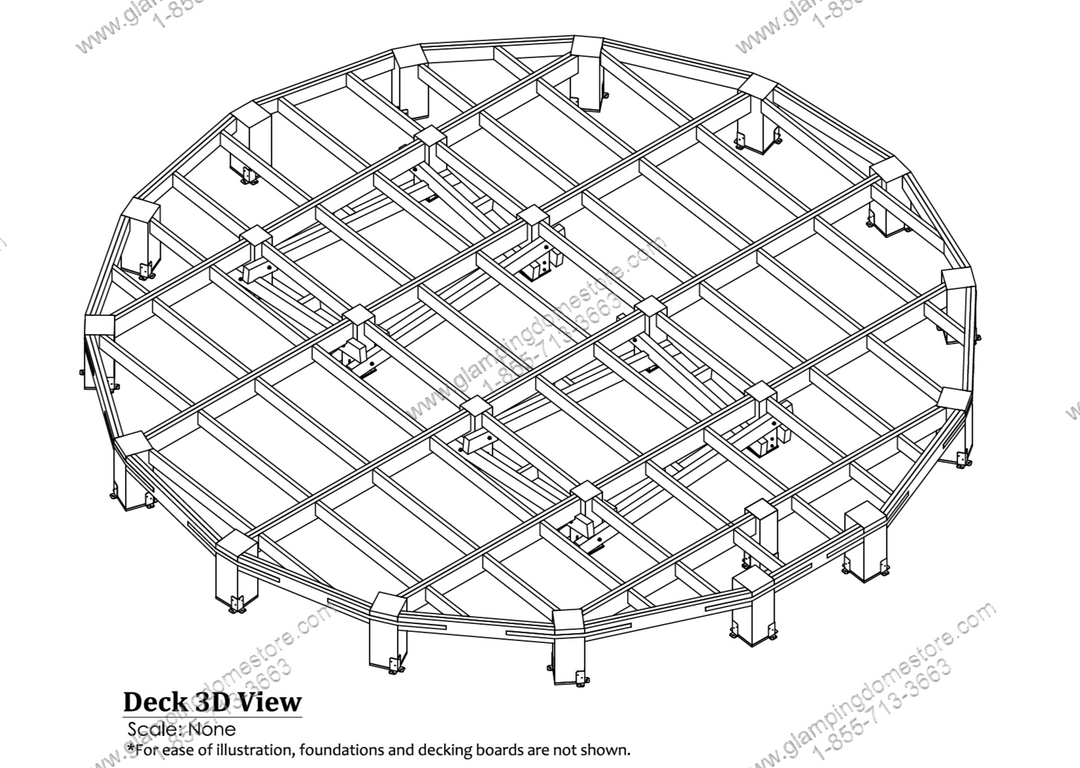 A 3D illustration of a circular timber deck framework designed for a geodesic dome tent, showing support beams, joists, and anchor points.