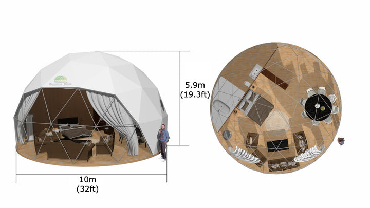 3D-rendered design of a 10m (32 ft) geodesic dome tent, featuring a thoughtfully arranged interior with zones for living, dining, sleeping, and a bathroom. Ideal for eco-living, workshops, or gatherings, the dome offers a peak height of 5.9 m (19.3 ft) for a spacious and open feel. Highlighting a panoramic window with curtains, the design can be customized with various cover options to suit different needs and environments.