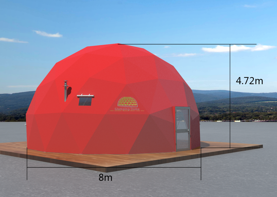 A 3D rendering of a 23-foot (8-meter) red geodesic dome tent by Glamping Dome Store, with a peak height of 15.5 ft (4.72 m). The design features a durable and visually appealing structure, equipped with a ventilation system—mesh-screen vents, a chimney port, and a glass single door. Ideal for various uses, such as outdoor events, workshops, or eco-living spaces, and customizable to suit unique needs.