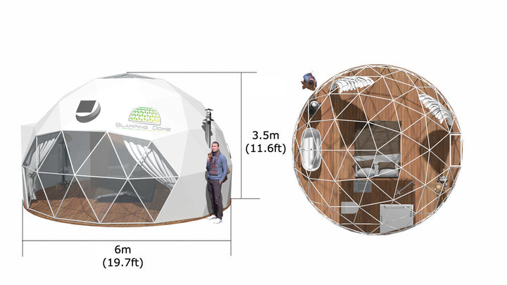 Rendered illustration of a 19.7-foot (6-meter) geodesic dome tent, sold by Glamping Dome Store, showcasing the structure's white PVC cover and panoramic window. The interior features a cozy layout with a bed, wooden flooring, and amenities like a stove and furniture, designed for glamping or eco-living. The side view includes dimensions of 6 meters (19.7 ft) in diameter and 3.5 meters (11.6 ft) in height. The top-down view highlights the efficient use of interior space, ideal for outdoor retreats.