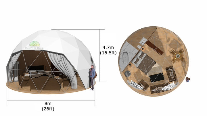 3D-rendered design of an 8-meter (26-foot) geodesic dome tent, showcasing a spacious interior layout. The dome features a cozy living area with a seating arrangement, a bed, a bathroom, and a dining area for versatile use. Designed with a large panoramic window and curtains, the dome combines functionality and comfort, making it ideal for eco-living, workshops, or unique event spaces. The structure includes a durable frame, customizable features, and ample headroom at 4.7 meters (15.5 ft) for a comfortable.