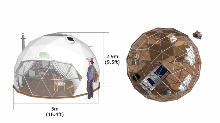 3D diagram showcasing the 16.4 ft (5 m) geodesic dome tent with detailed measurements (5 m (16.4 ft) diameter and 2.9 m (9.5 ft) height). Includes a side view of the dome with a transparent front PVC window and an aerial interior layout featuring furniture, demonstrating the dome’s spacious and versatile design for glamping, outdoor living, or event setups.